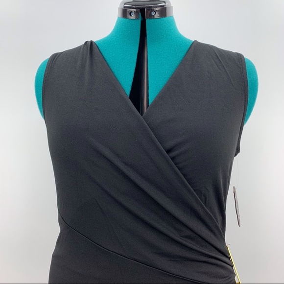 AUW NWT Black Wrap Front V-neck Ruched Sleeveless Top, Medium - Picture 2 of 16